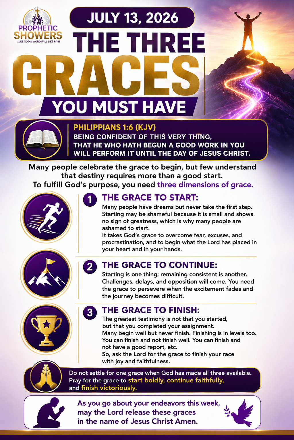PROPHETIC SHOWERS | JULY 13, 2026
THE THREE GRACES YOU MUST HAVE |
๐ PHILIPPIANS 1:6 (KJV)
BEING...