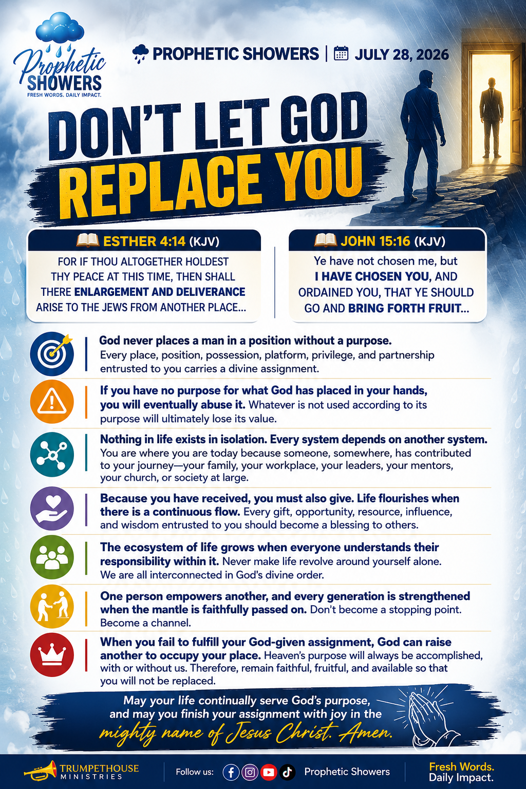 π§οΈ PROPHETIC SHOWERS | JULY 28, 2026
DON'T LET GOD REPLACE YOU |
π ESTHER 4:14 (KJV)
FOR IF THOU...
