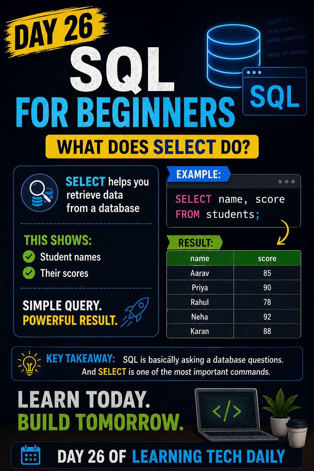 Let’s start learning SQL 🔥
One of the first commands you should know is:
SELECT
It is used to re...