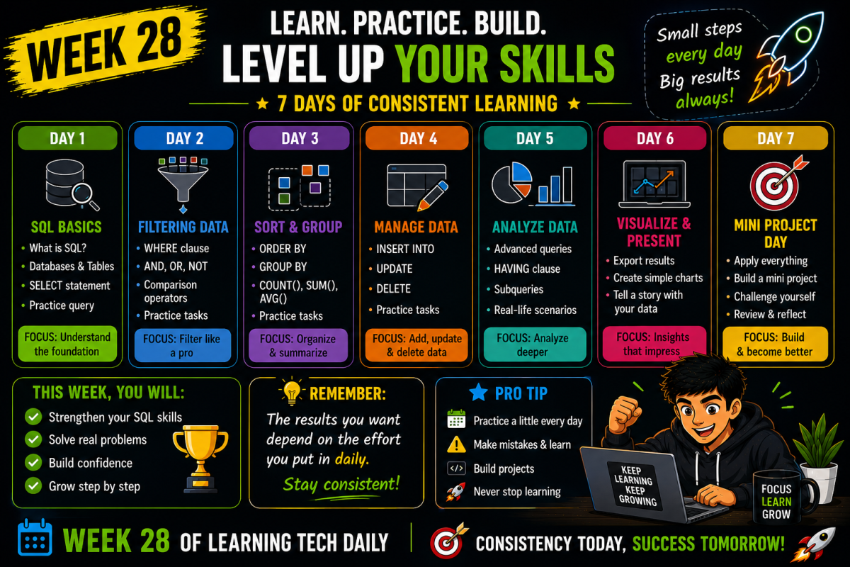 π WEEK 28: SQL FOR BEGINNERS
Welcome to Week 28 of Learning Tech Daily!
This week, we're diving d...