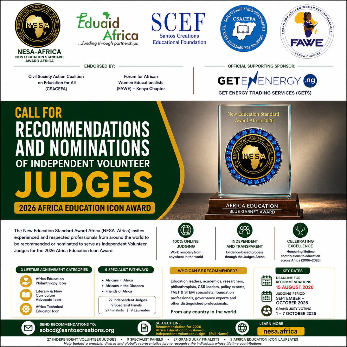 Help Shape the Future of Education in Africa
Recommend or Nominate an Independent Volunteer Judge fo...