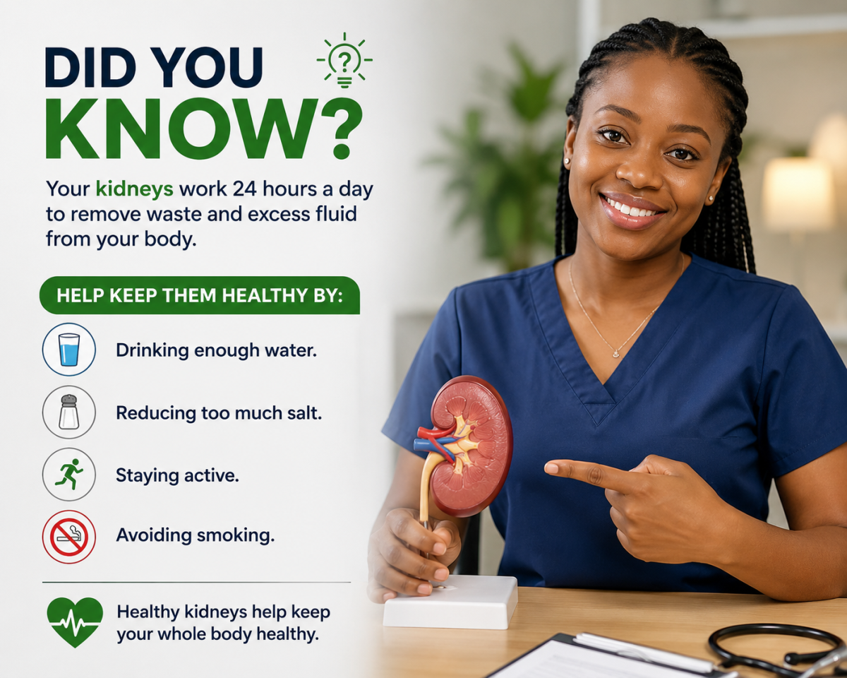 Did You Know?
Your kidneys work 24 hours a day to remove waste and excess fluid from your body.
Help...