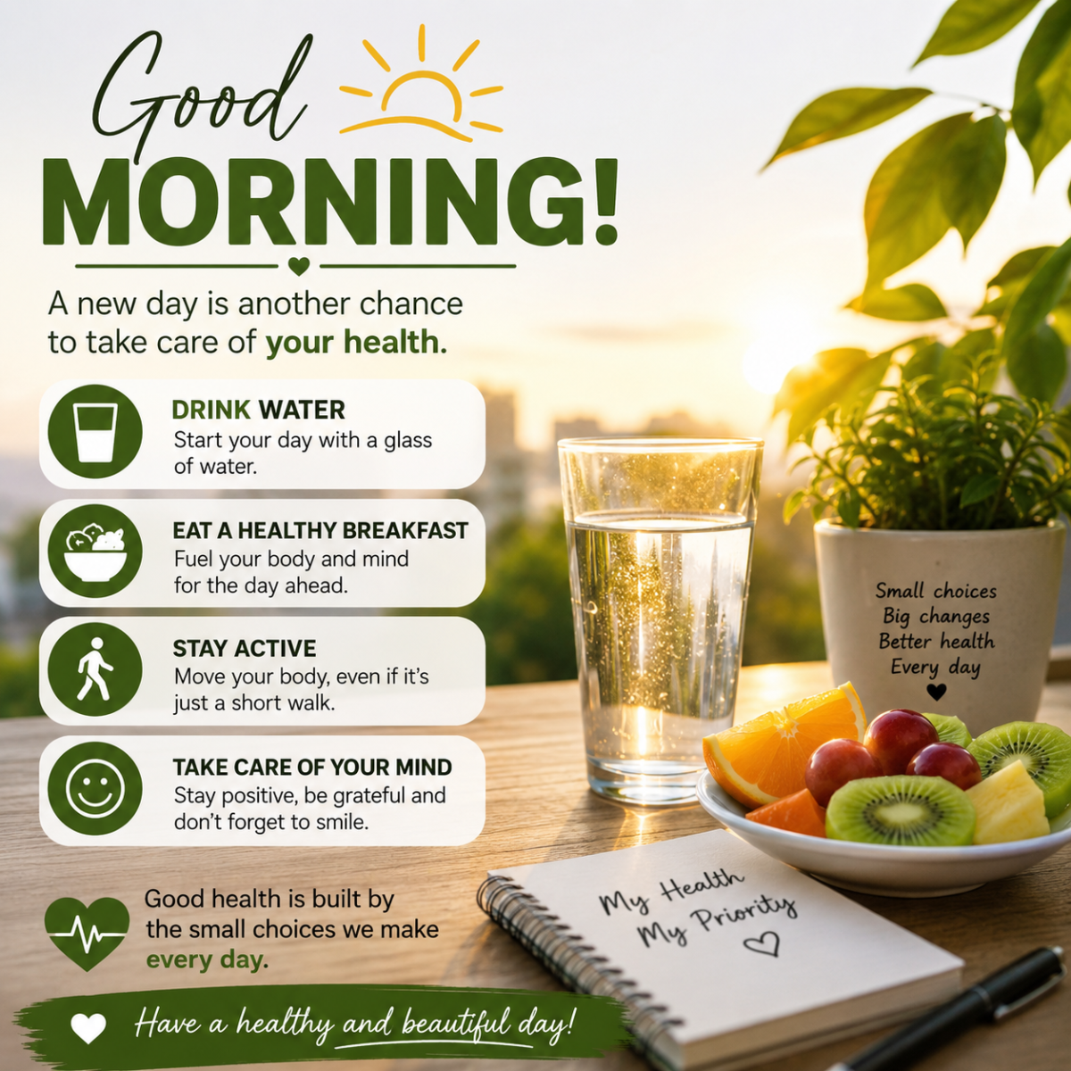 🌞 Good Morning!
A new day is another chance to take care of your health.
💧 Drink a glass of water...
