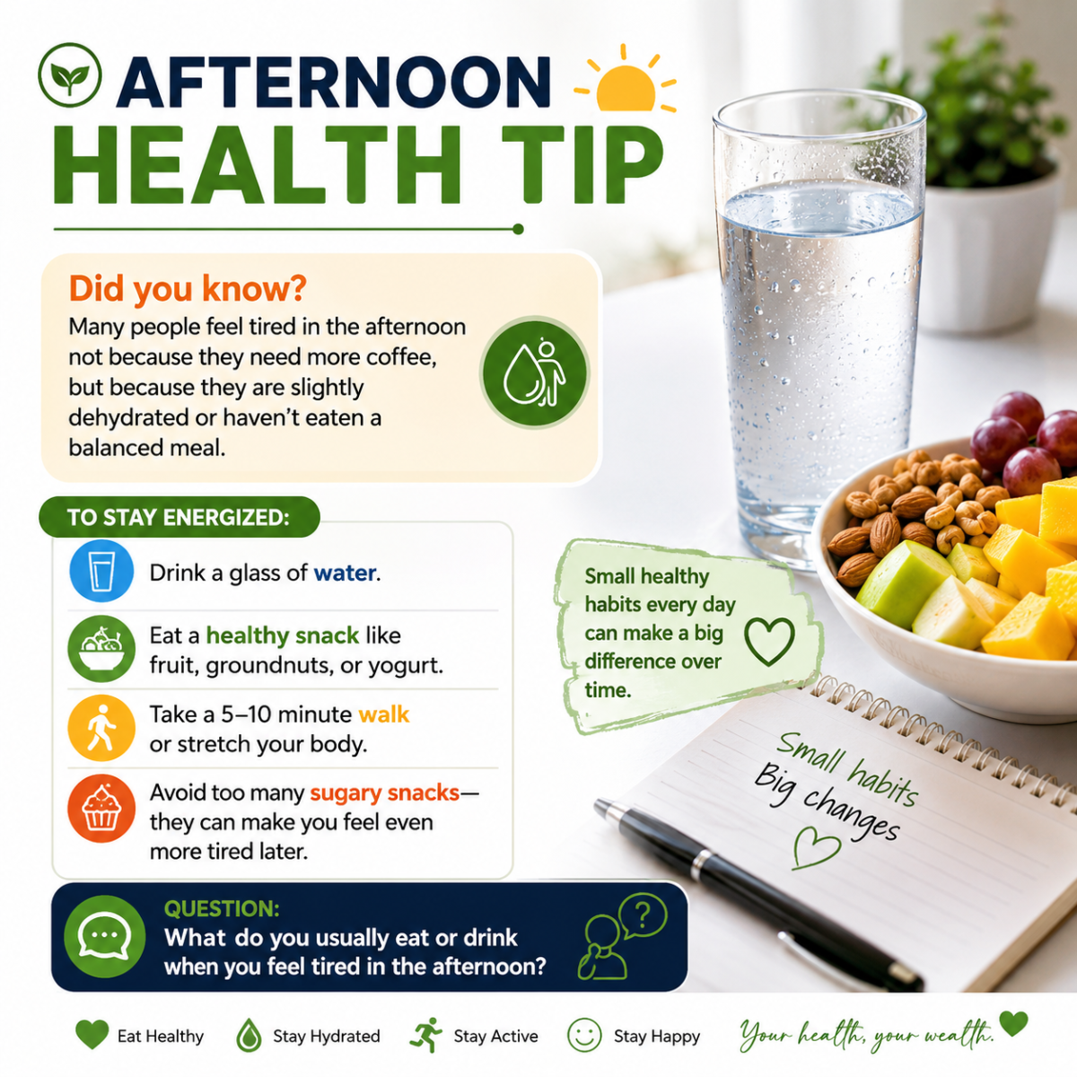 ๐ Afternoon Health Tip
Did you know?
Many people feel tired in the afternoon not because they need...