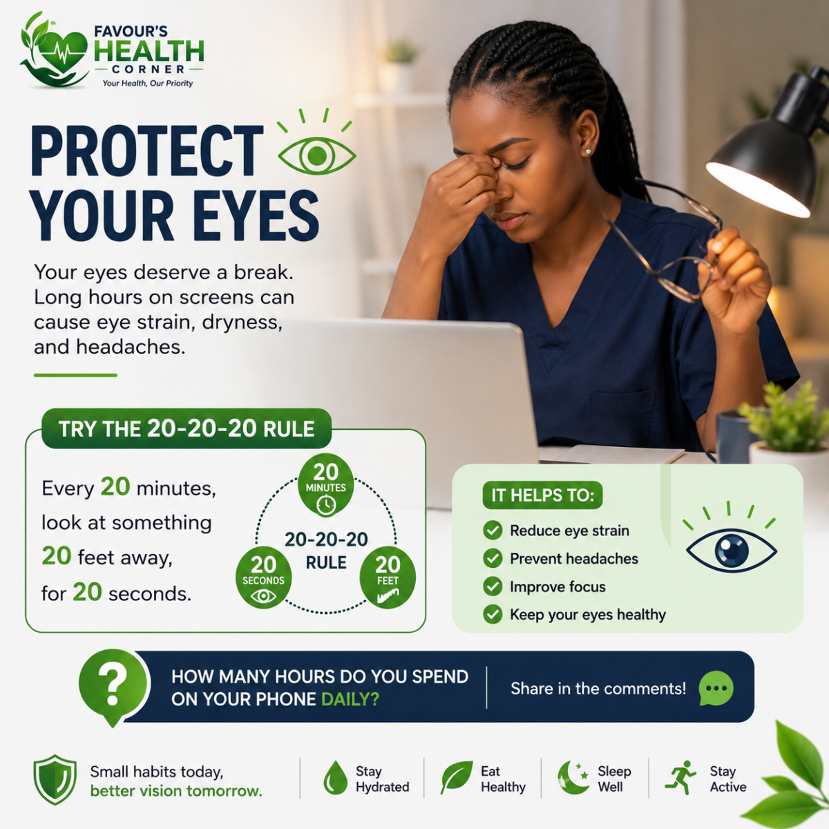 Your eyes deserve a break.
If you spend hours on your phone or computer, try the 20-20-20 rule: Ever...