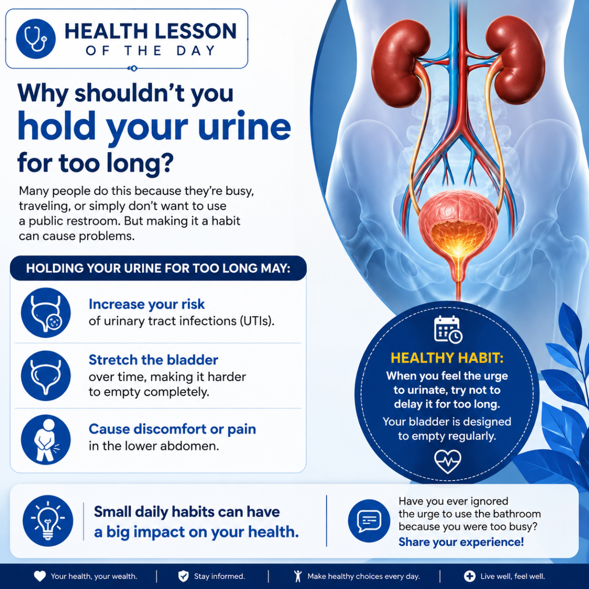 Health Lesson of the Day
Why shouldn't you hold your urine for too long?
Many people do this because...
