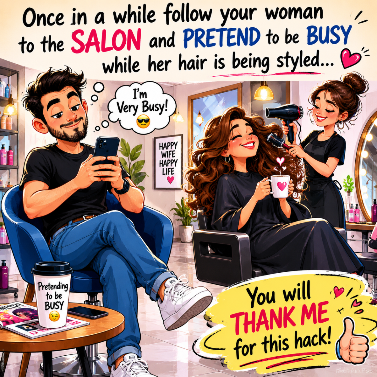 Once in a while follow your woman to the salon and pretend to be busy while her hair is being styled...