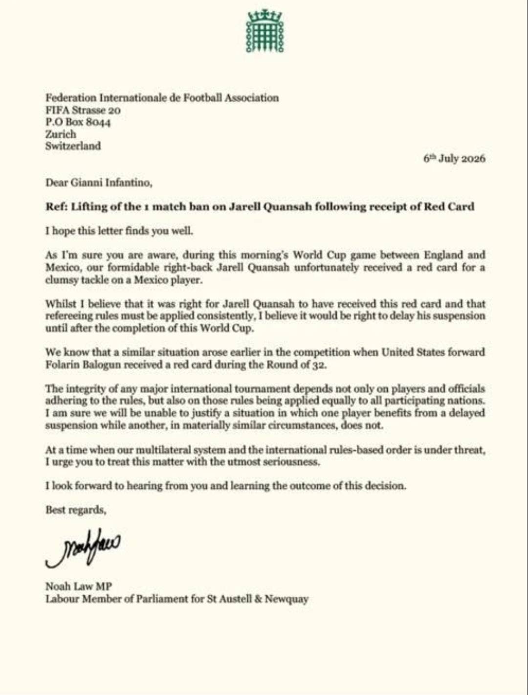 This is the point at which Giovanni "Gianni" Vincenzo Infantino gets issued a red card - for bringin...