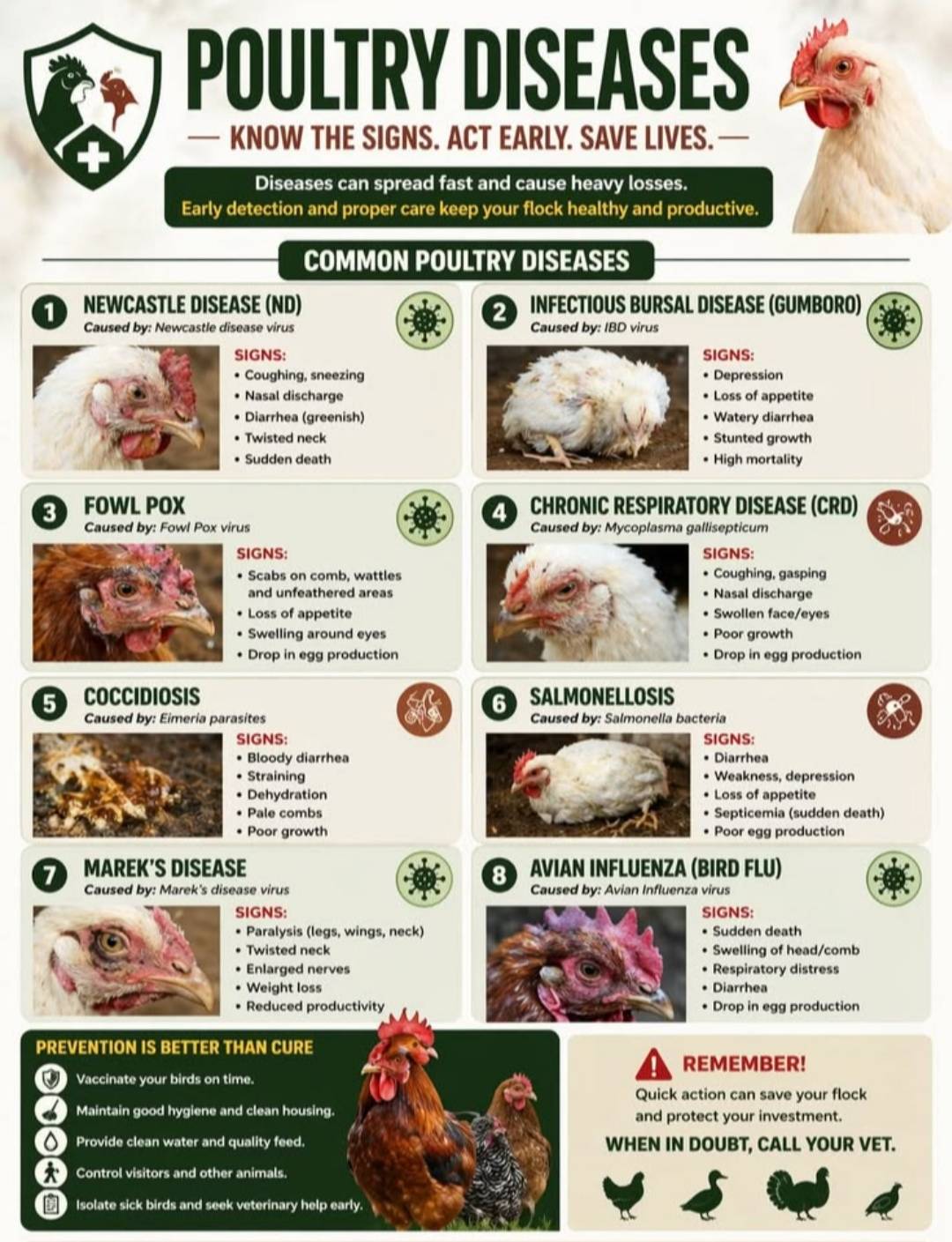 COMMON POULTRY DISEASES AND SYMPTOMS:
Poultry diseases don’t announce themselves, they strike fast...