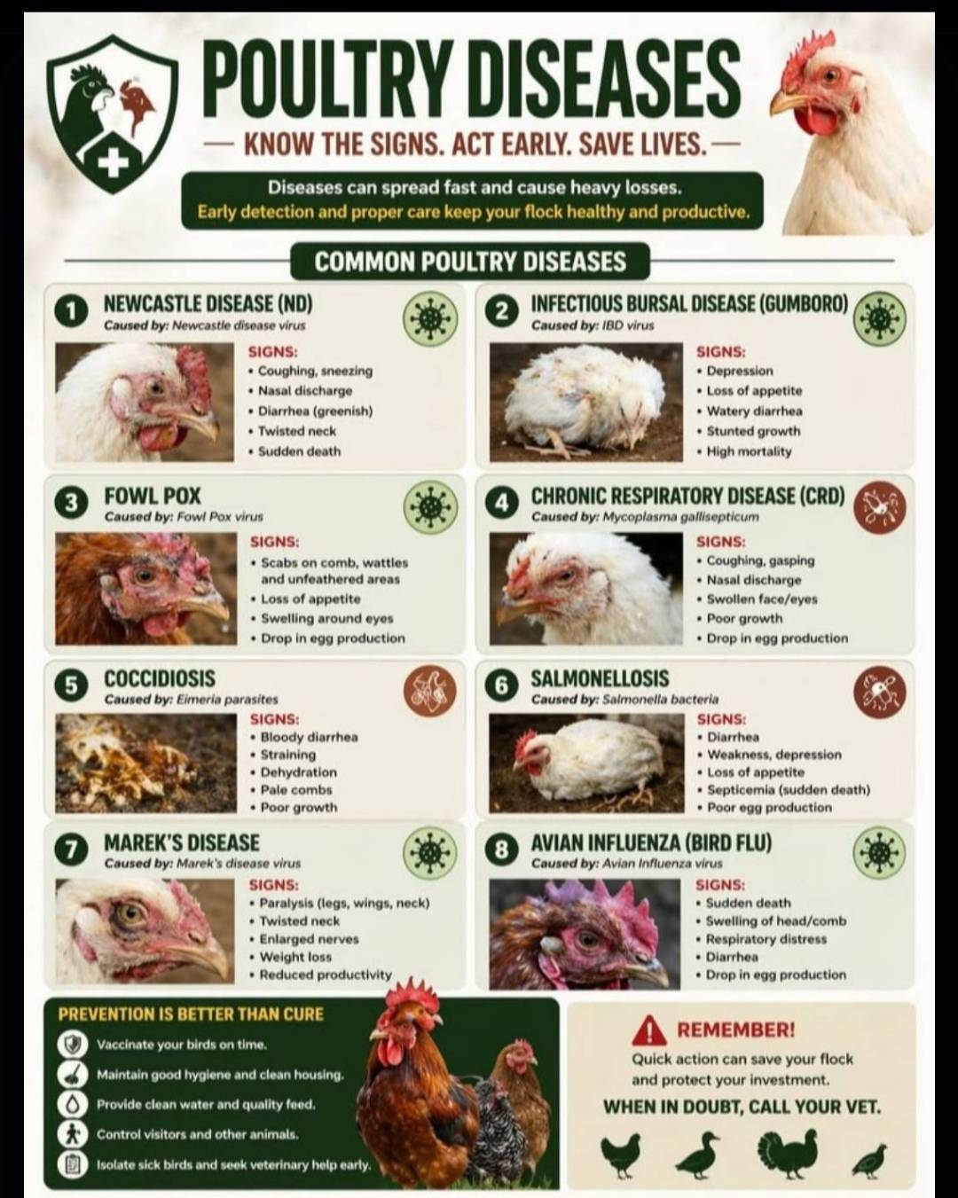 COMMON POULTRY DISEASES AND SYMPTOMS: 
Poultry diseases don’t announce themselves, they strike fast...