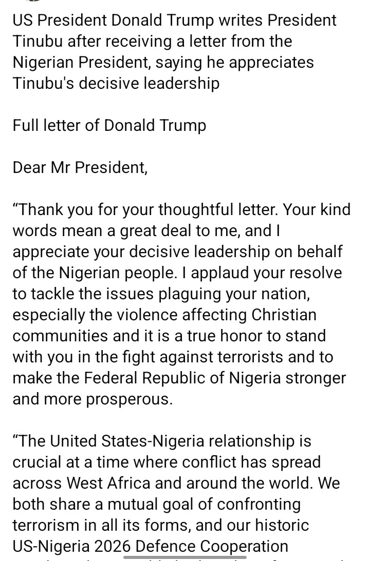 Trump writes Tinubu