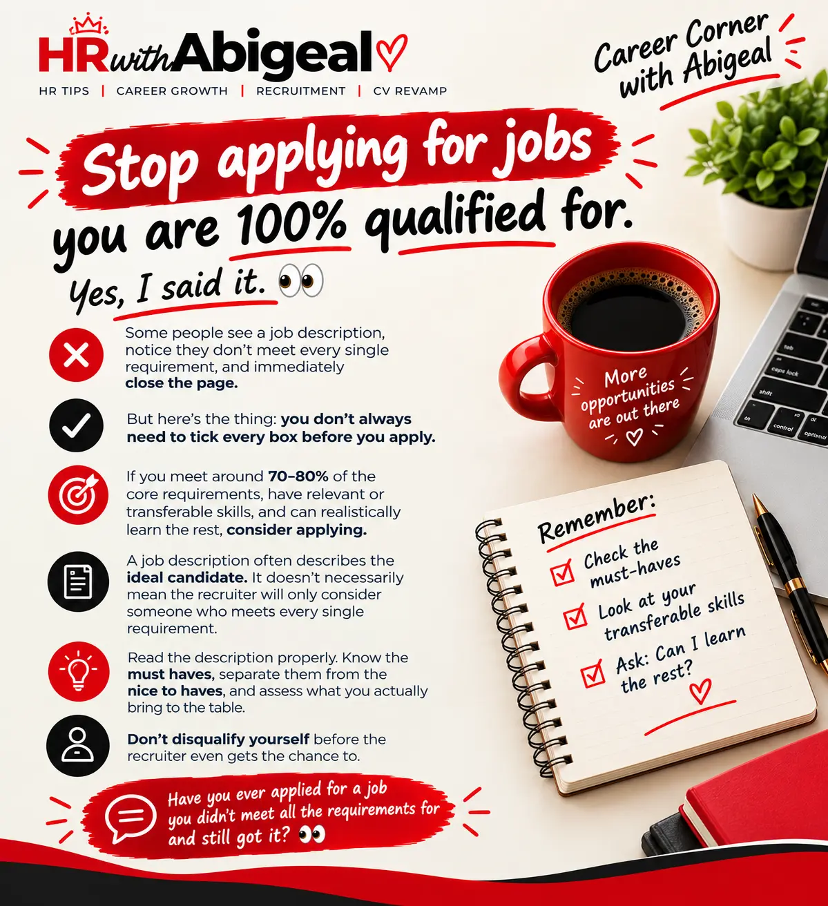Stop applying for jobs you’re 100% qualified for❌️😫
Yes, I said it but hear me out 👇
Some peopl...