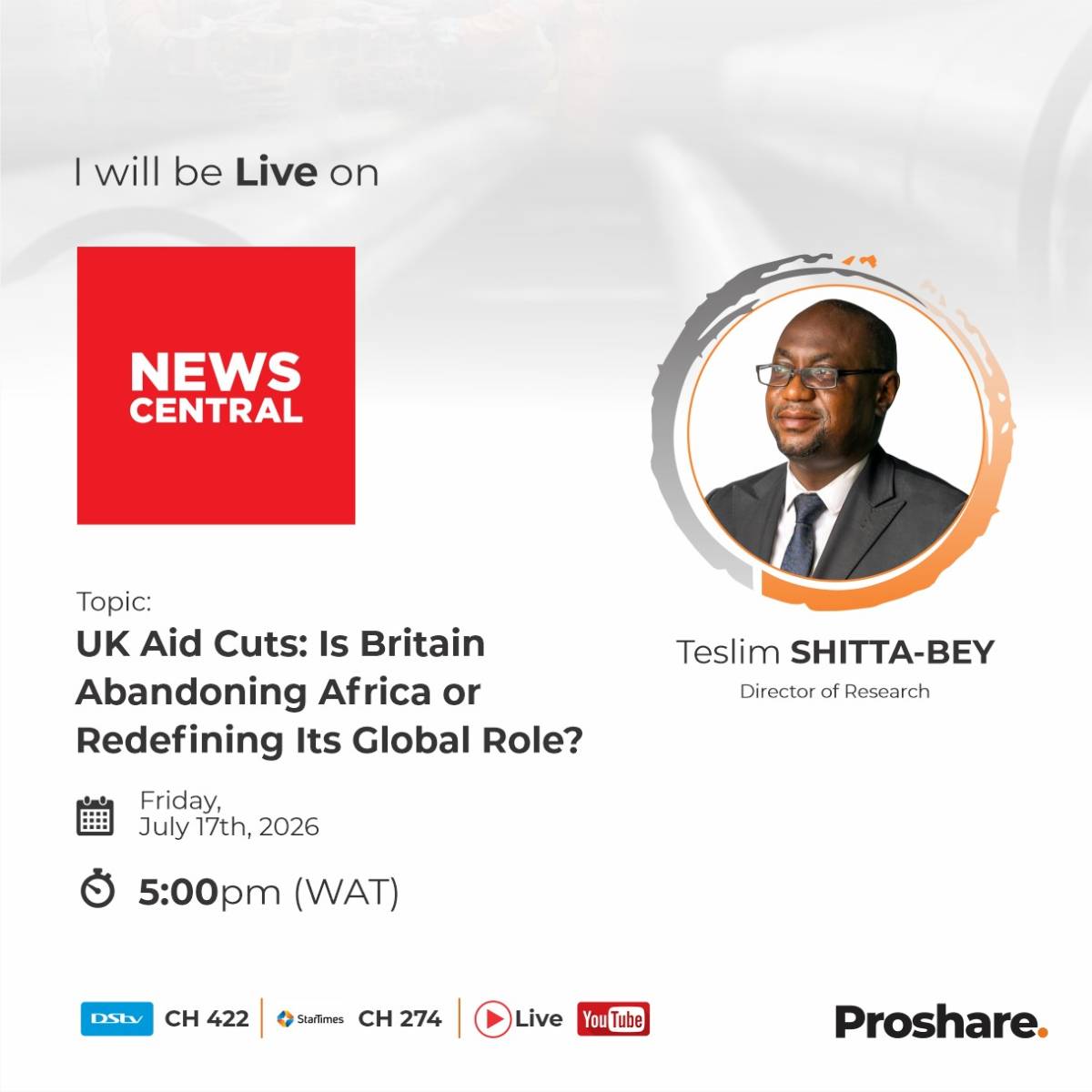 LIVE TODAY | 5:00 PM WAT
Proshare’s Director of Research, Teslim Shitta-Bey, will be live on News Ce...