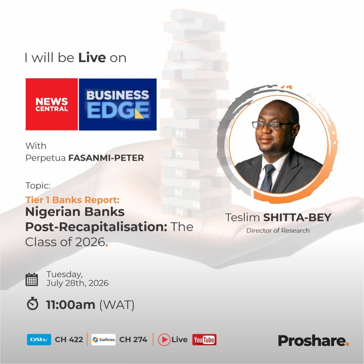 LIVE TOMORROW!
Join Teslim Shitta-Bey, Proshare’s Director of Research, live on News Central’s Busi...
