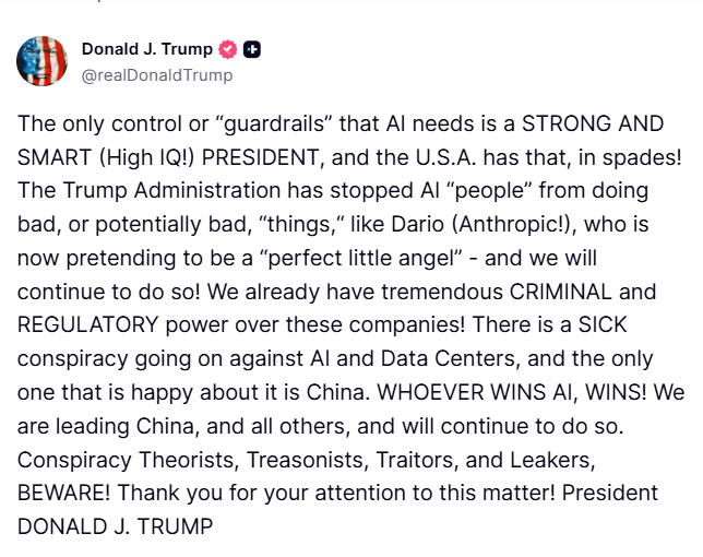BREAKING: Trump lashes out at 'sick conspiracy' against AI and data centers, warns 'Conspiracy Theor...