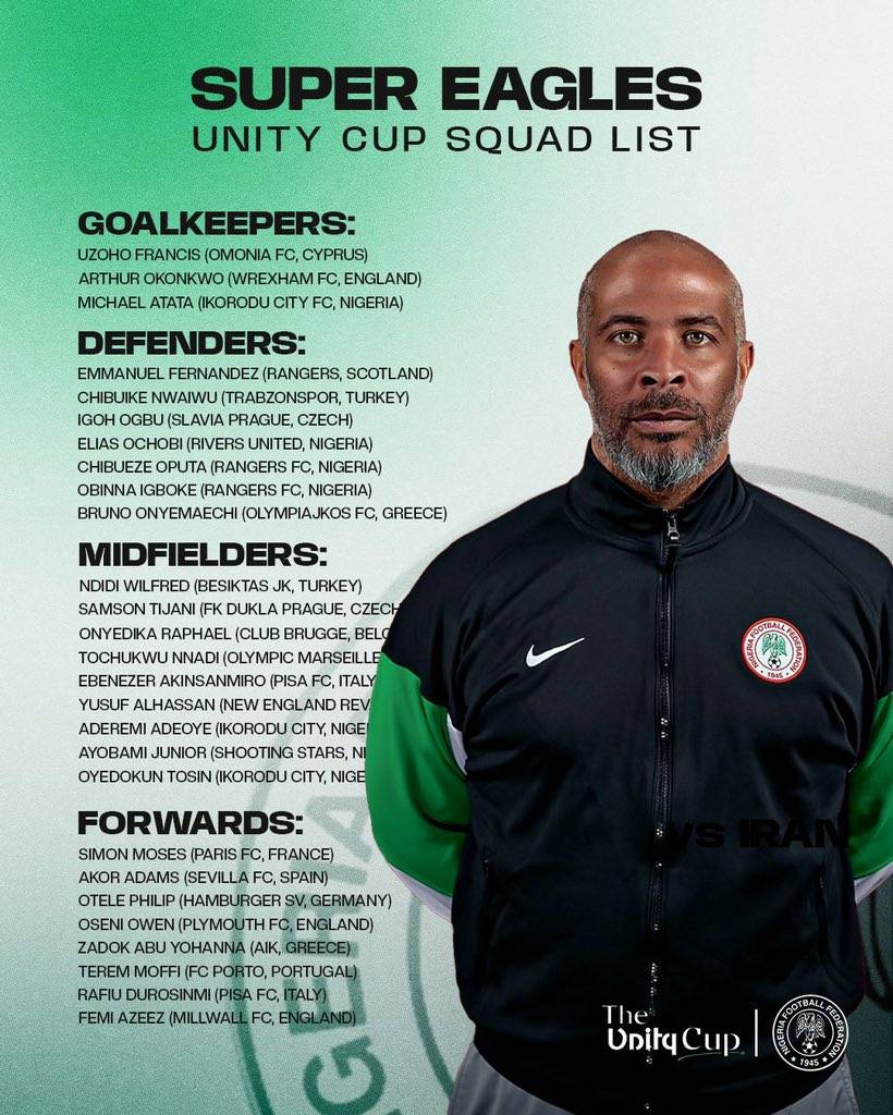 Coach Eric Chelle has released his 27-man Super Eagles squad for the 2026 Unity Cup ๐ฆ
๐ณ๐ฌ
The Unity...
