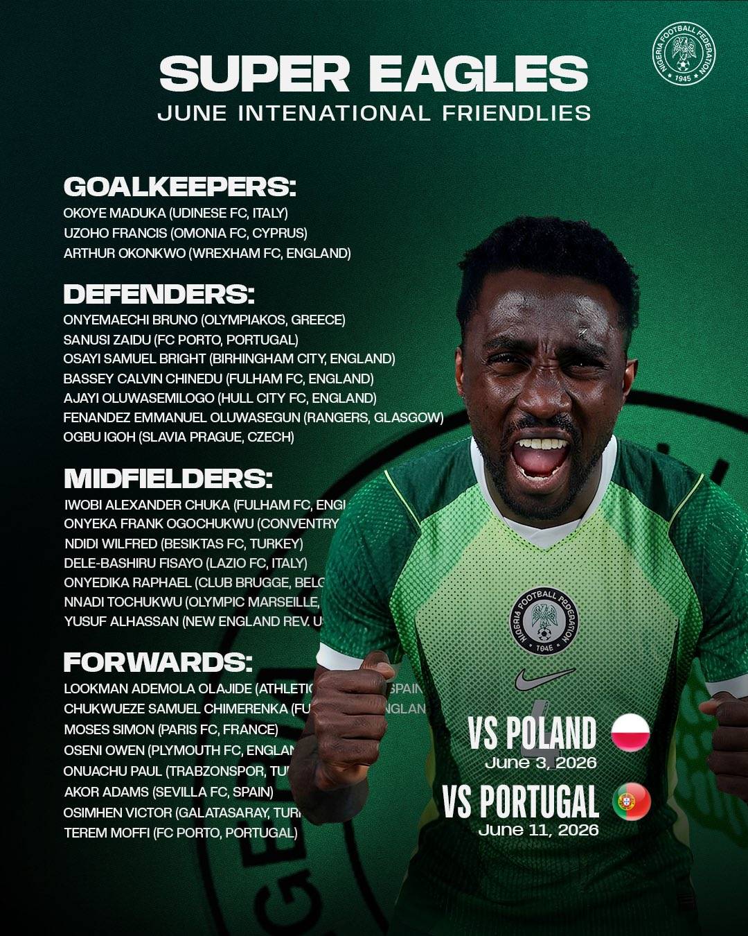 🦅🇳🇬 Super Eagles head coach Éric Chelle Eric named his squad for the upcoming Friendly games agains...