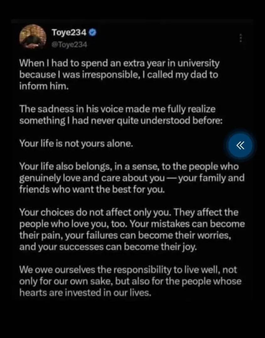 Your life no be only YOURS.
When you dey under your parents — your choices dey affect them.
When yo...