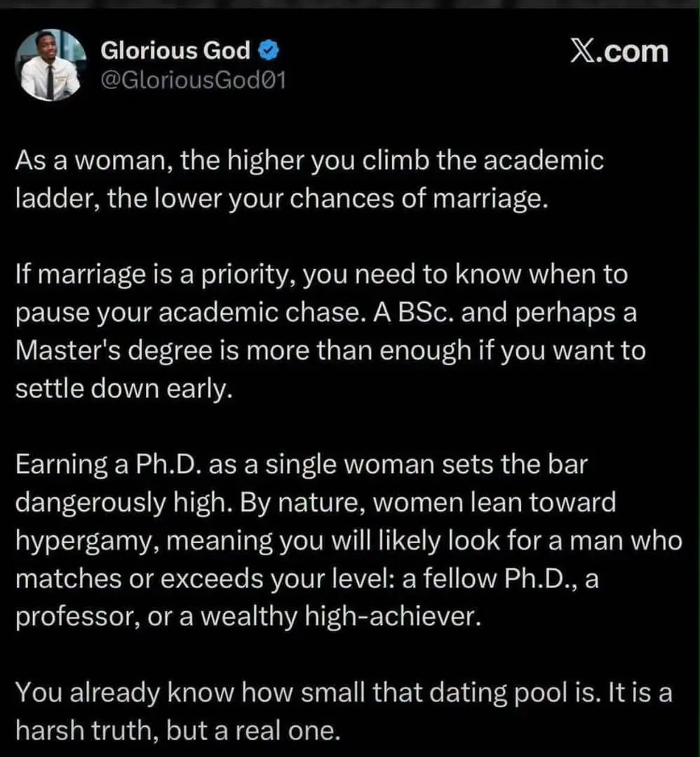 oes it mean that the higher you go academically as a single lady the less your chances of getting m...