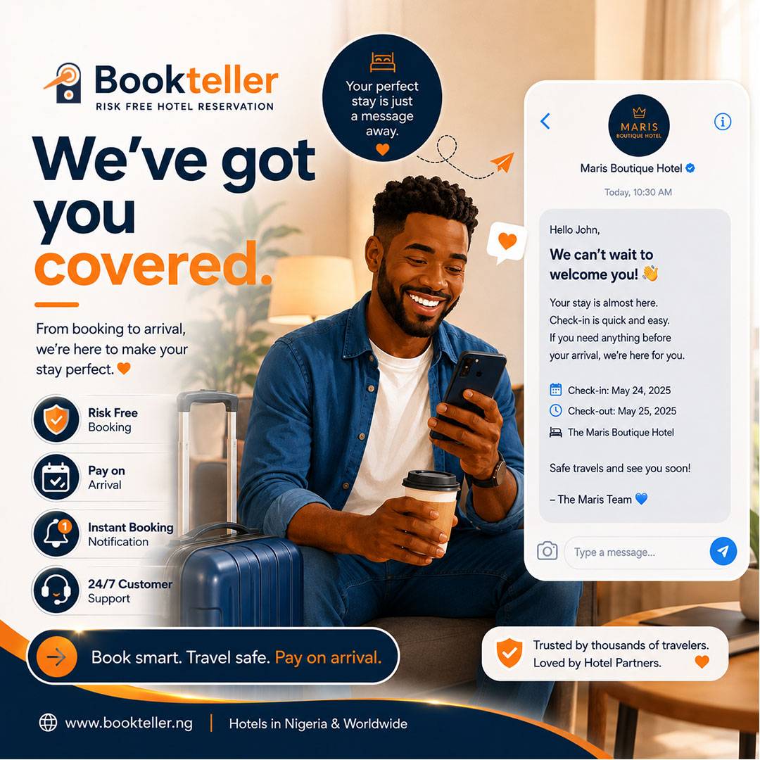 Traveling? ✈️
Let *Bookteller* handle your accommodation booking.
it's a risk-free booking, no upfro...