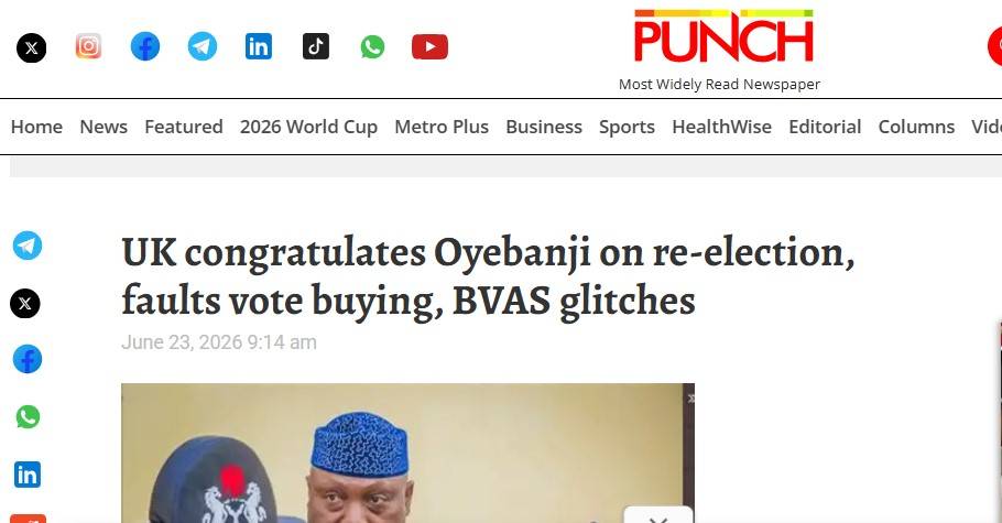 With all due respect sirs UK congratulates Oyebanji on re-election, faults vote buying, BVAS glitche...