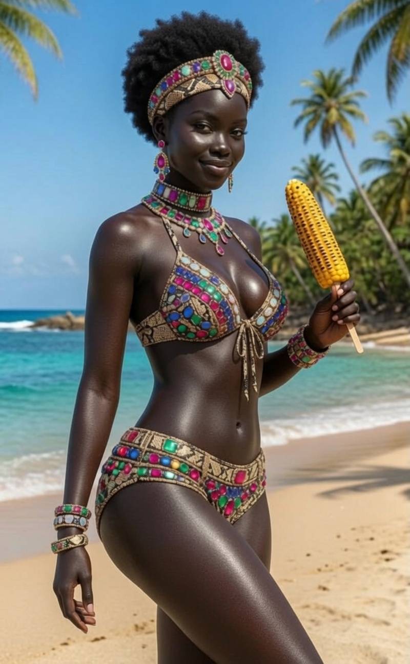 Golden corn in my hand, but honey, I'm the sweetest treat on this sand 🌽💋
Curves like the ocean wa...