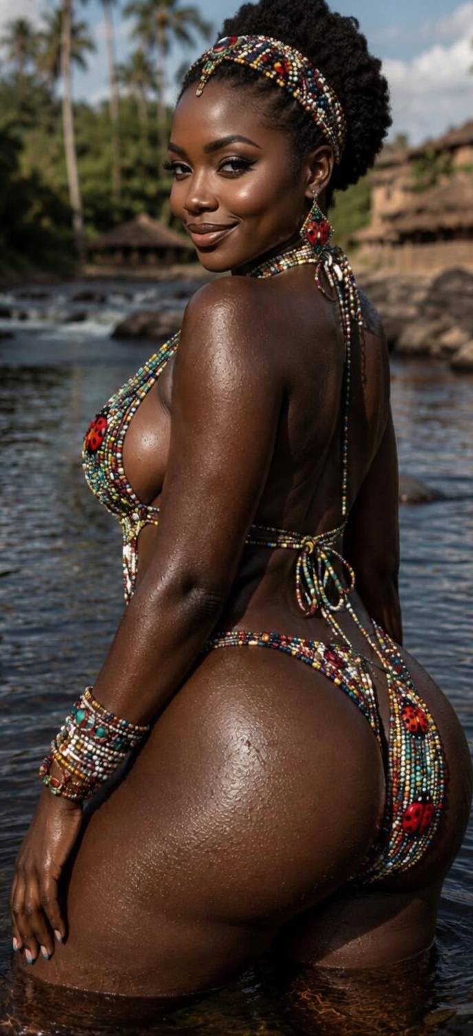 Looking back with that soft little stare,
Curves like the river and beads in my hair.
Wet skin glowi...