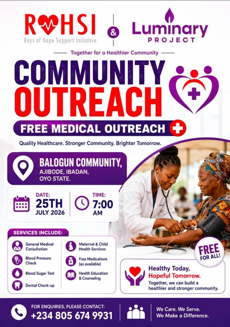Join us as we visit Balogun Community Ajibode-Ibadan on the 25th July, 2026.
Every support you can g...