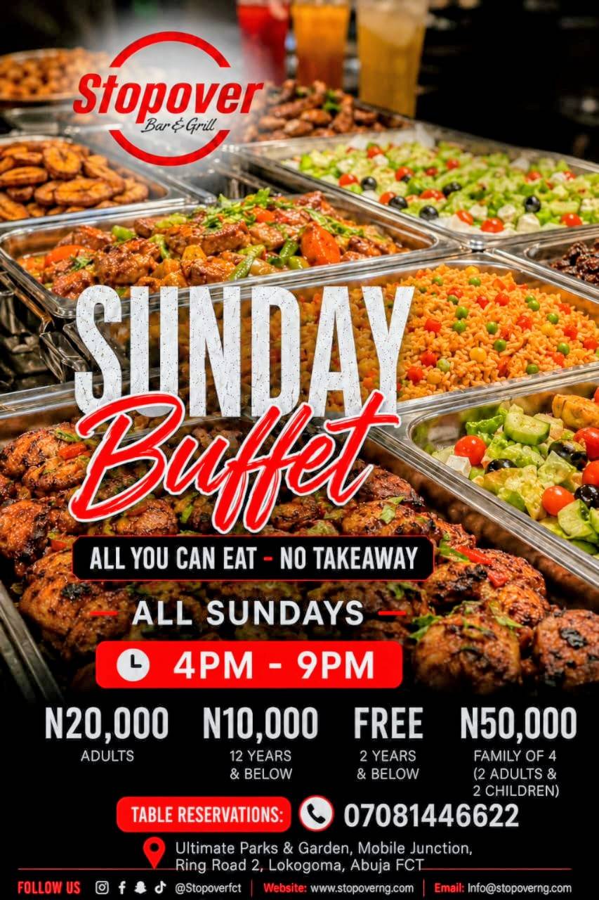 *SUNDAY BUFFET @STOPOVER TODAY!!!*
*For N20,000 ONLY:- All-You-Can-Eat experience - Come Hungry !!...