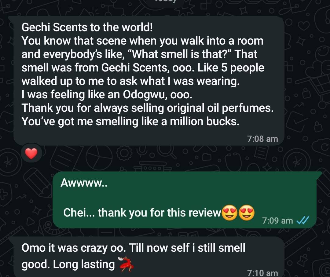 Nothing beats waking up to a happy customer review. 🥰 Quality scents, happy hearts.
#GechiScents...