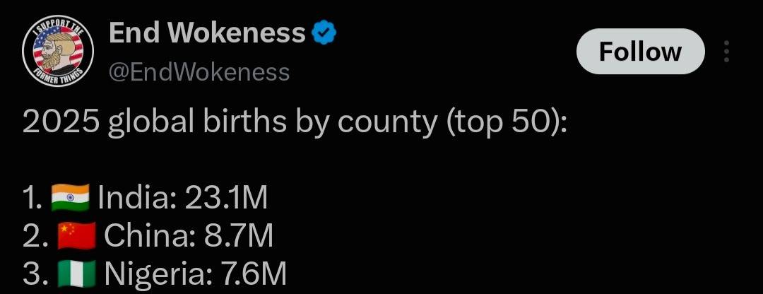 2025 global births by county (top 50):

1. 🇮🇳 India: 23.1M
2. 🇨🇳 China: 8.7M
3. 🇳🇬 Nigeria: 7.6M
4....