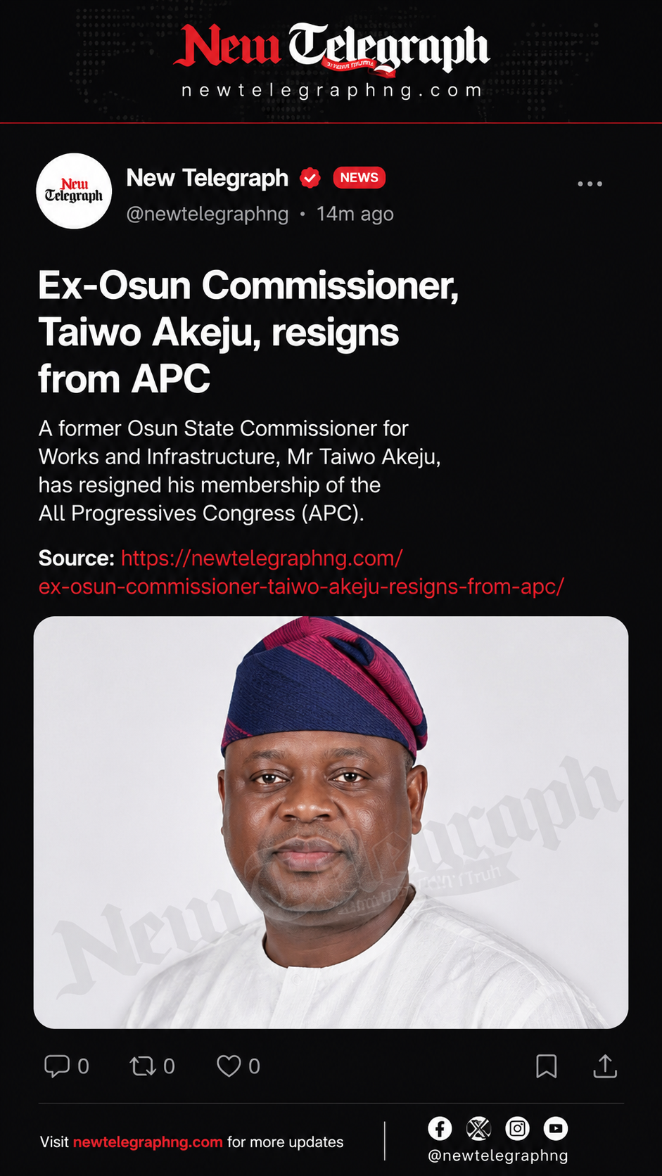 https://newtelegraphng.com/ex-osun-commissioner-taiwo-akeju-resigns-from-apc/