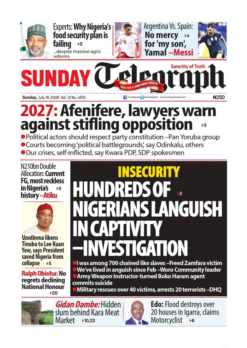 Today's edition of New Telegraph brings you the biggest headlines from across Nigeria, covering poli...