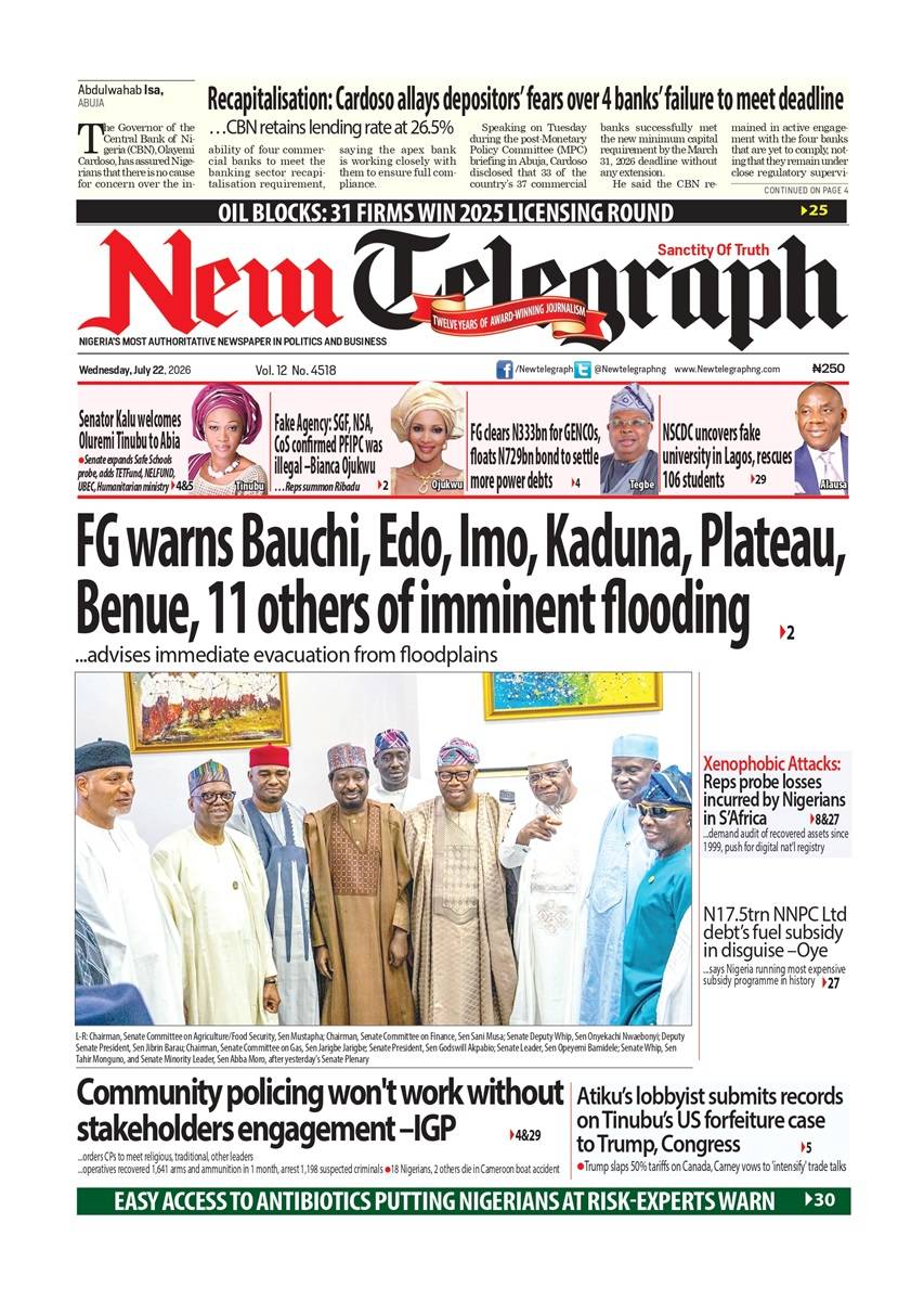 Today's edition of New Telegraph covers the biggest developments in Nigerian politics, business, the...