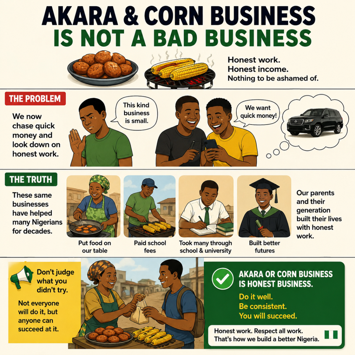 Akara and roasted corn aren't bad businesses. They may not be for everyone, but anyone can succeed a...