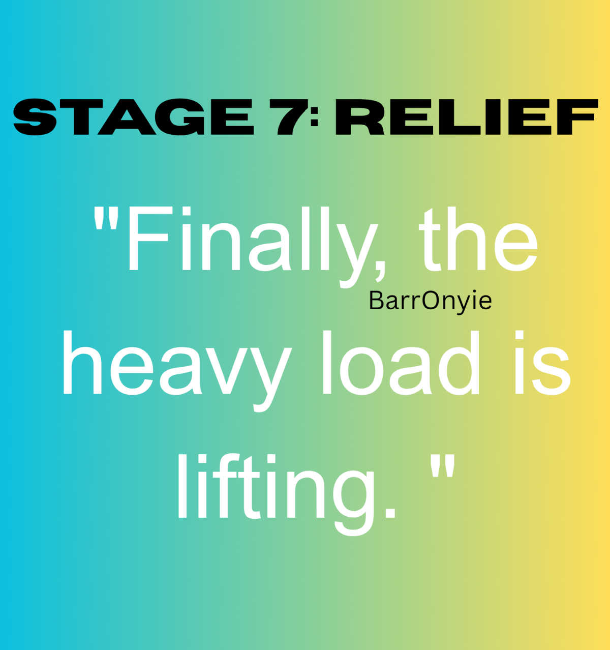 Stage 7: Relief
"Finally, the heavy load is lifting. "
You start to breath easier. Peace starts comi...