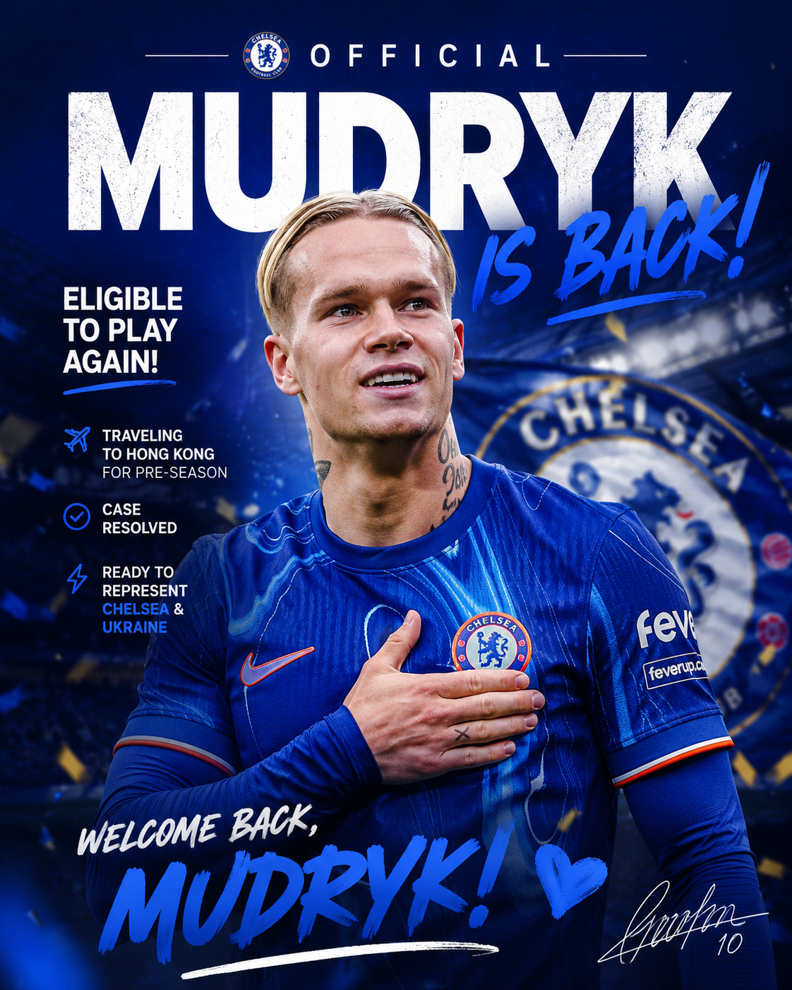 Eligible to play again 
    Welcome back MYKHAILO MUDRYK