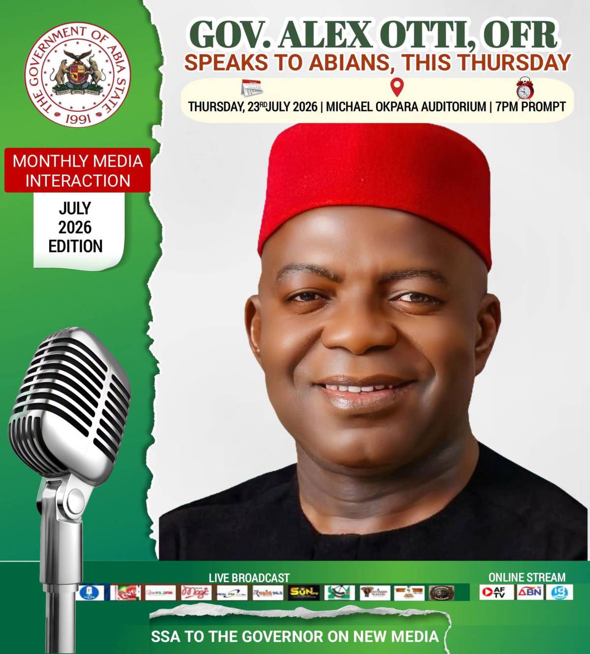 Monthly Media Chat with His Excellency, the Executive Governor of Abia State, Dr Alex C. Otti, CFR,...