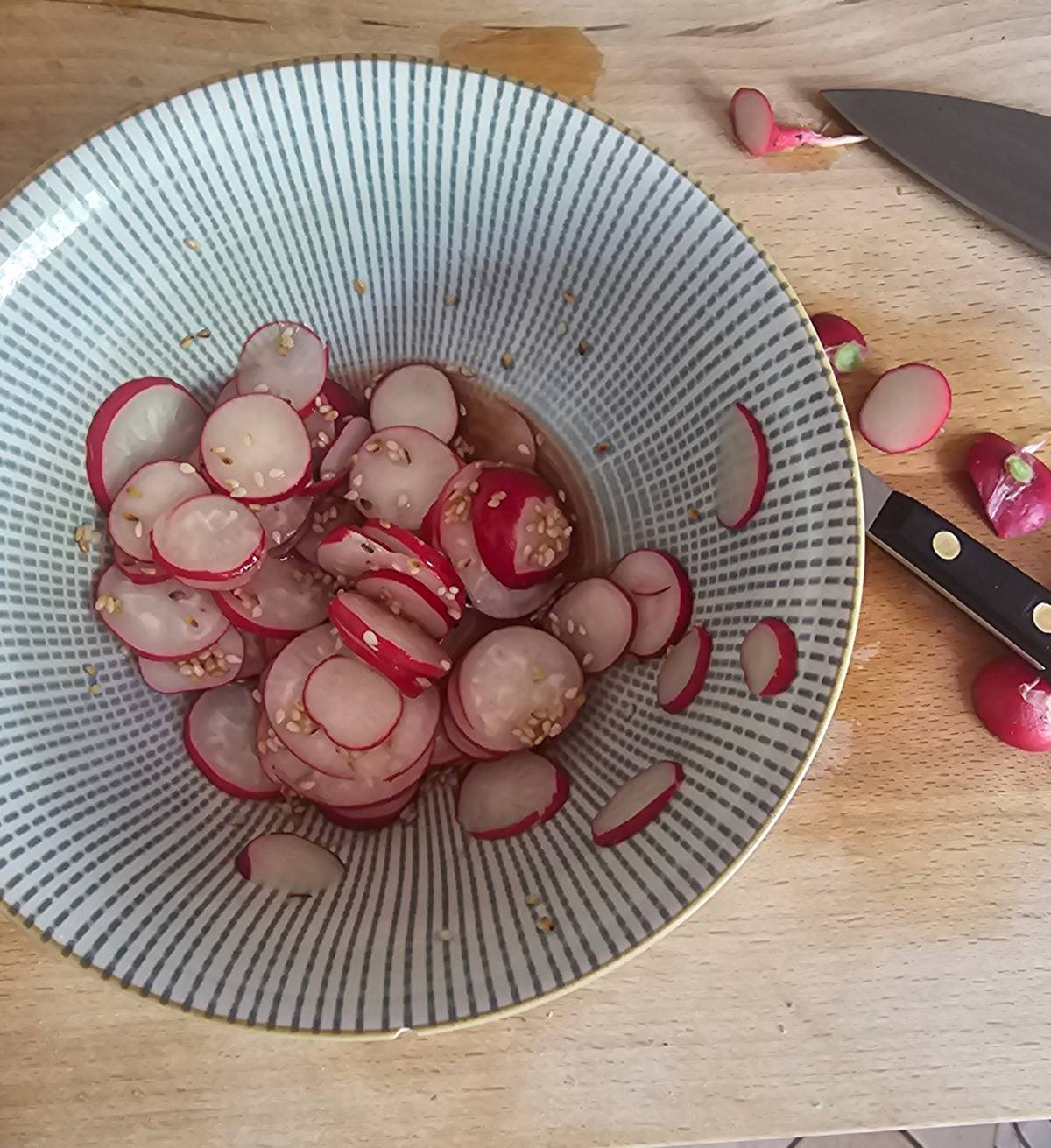 First of the radishes....leave them for 30mins with some rice wine vinegar, mirin, soy, salt and ses...