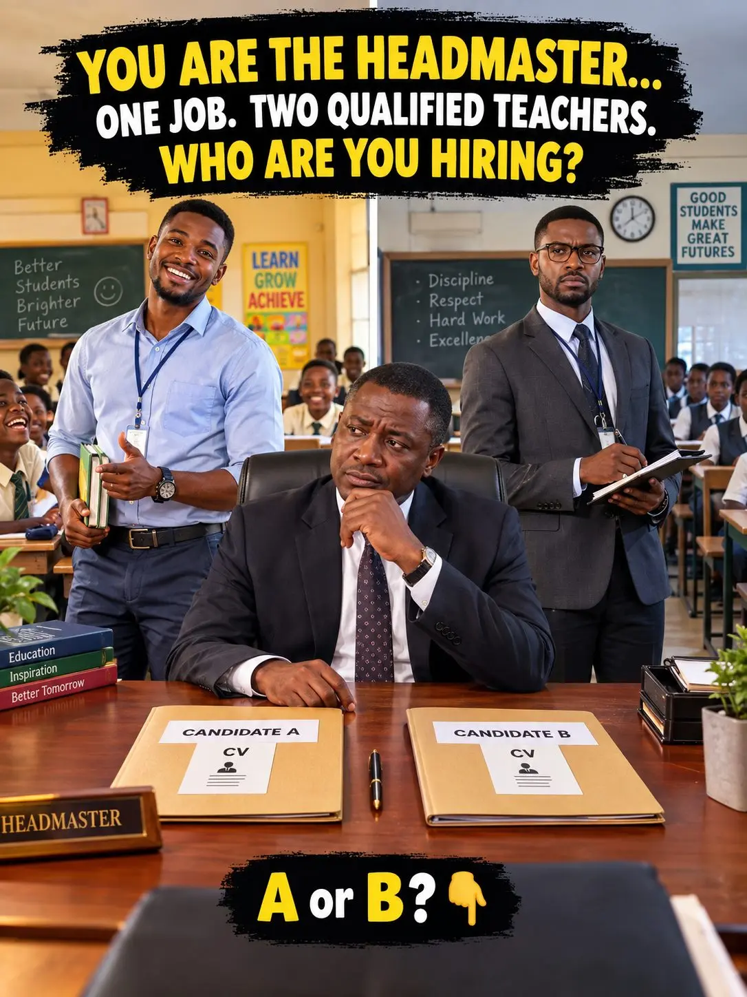 ๐ซ YOU ARE THE HEADMASTER. YOU HAVE ONE JOB SLOT. WHO ARE YOU HIRING?
Two teachers walk into your o...