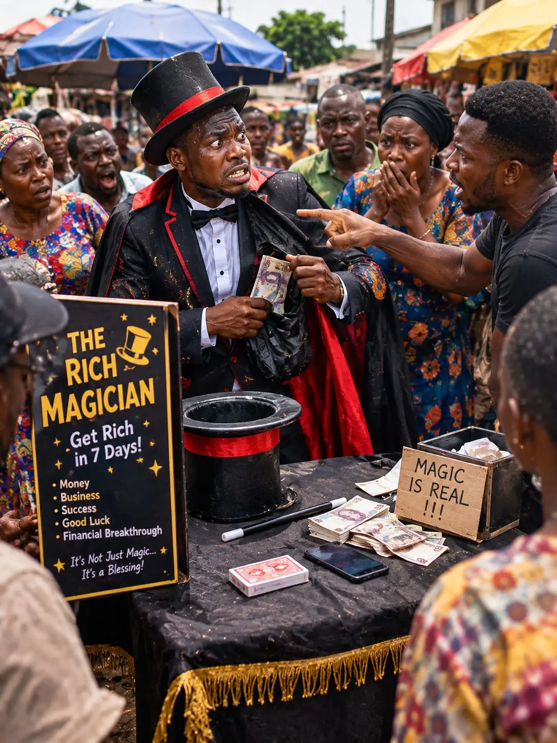 Na you carry microphone, speaker and magic box come market dey shout:
βI can make you rich in 7 day...