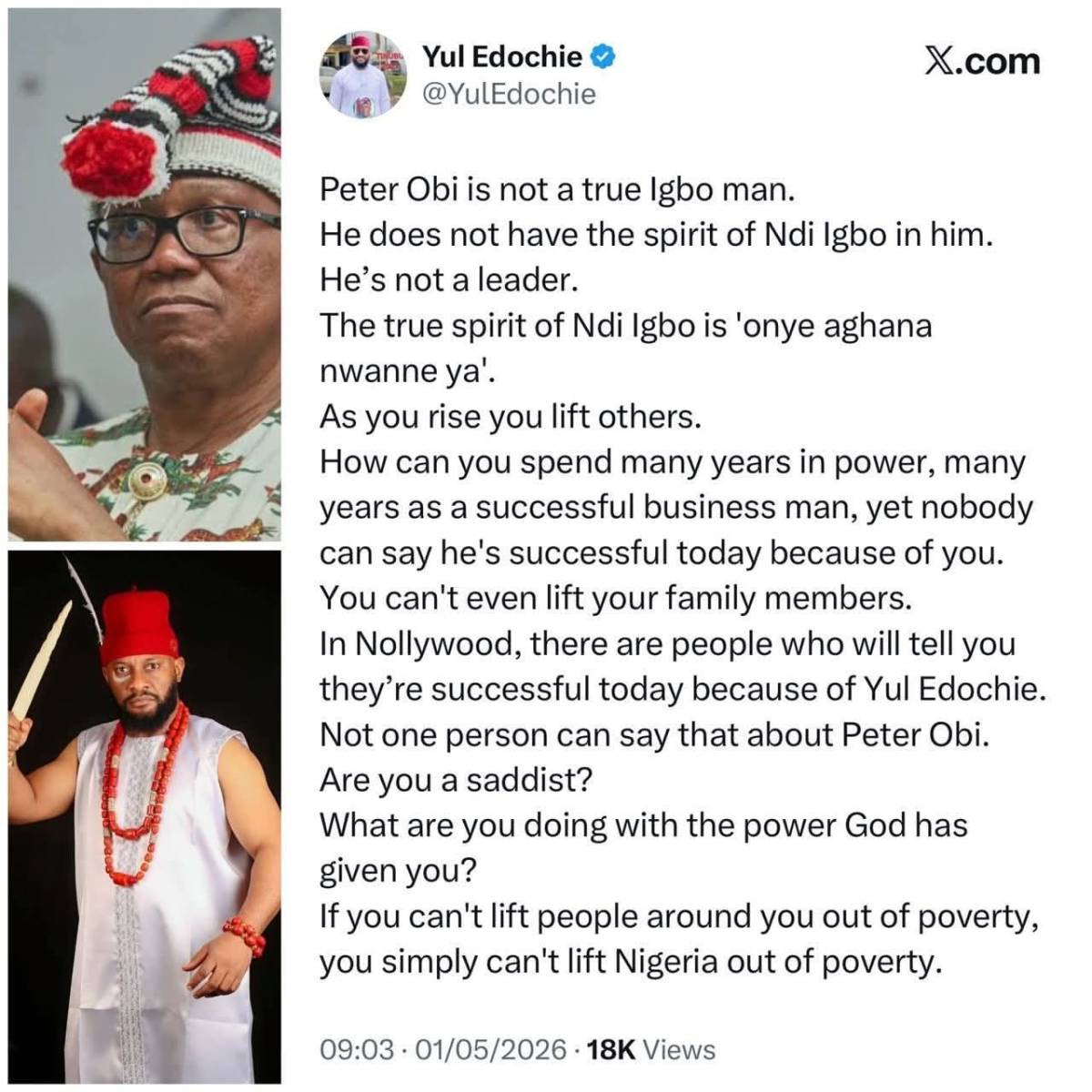 The most frustrating selfclimes Evangelist Yul Edochie continues to attack Peter Obi unprovoked...up...