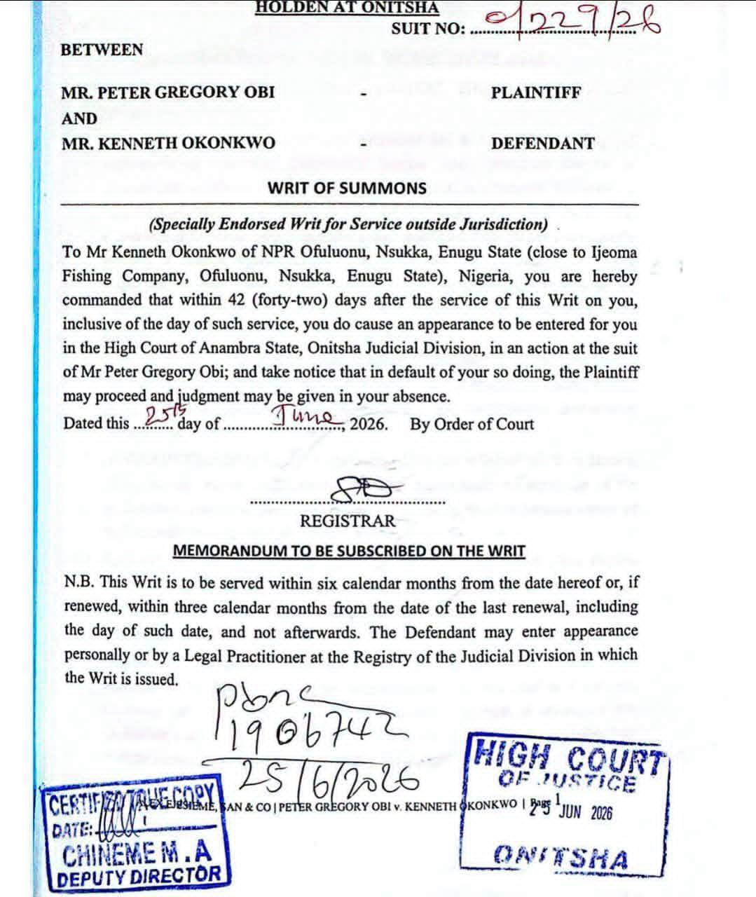 Kenneth Okonkwo: When you speak without evidence, the law speaks back.
Peter Gregory Obi has drawn...