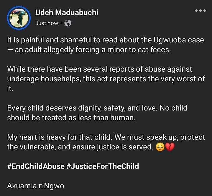 It is painful and shameful to read about the Ugwuoba case — an adult allegedly forcing a minor to ea...
