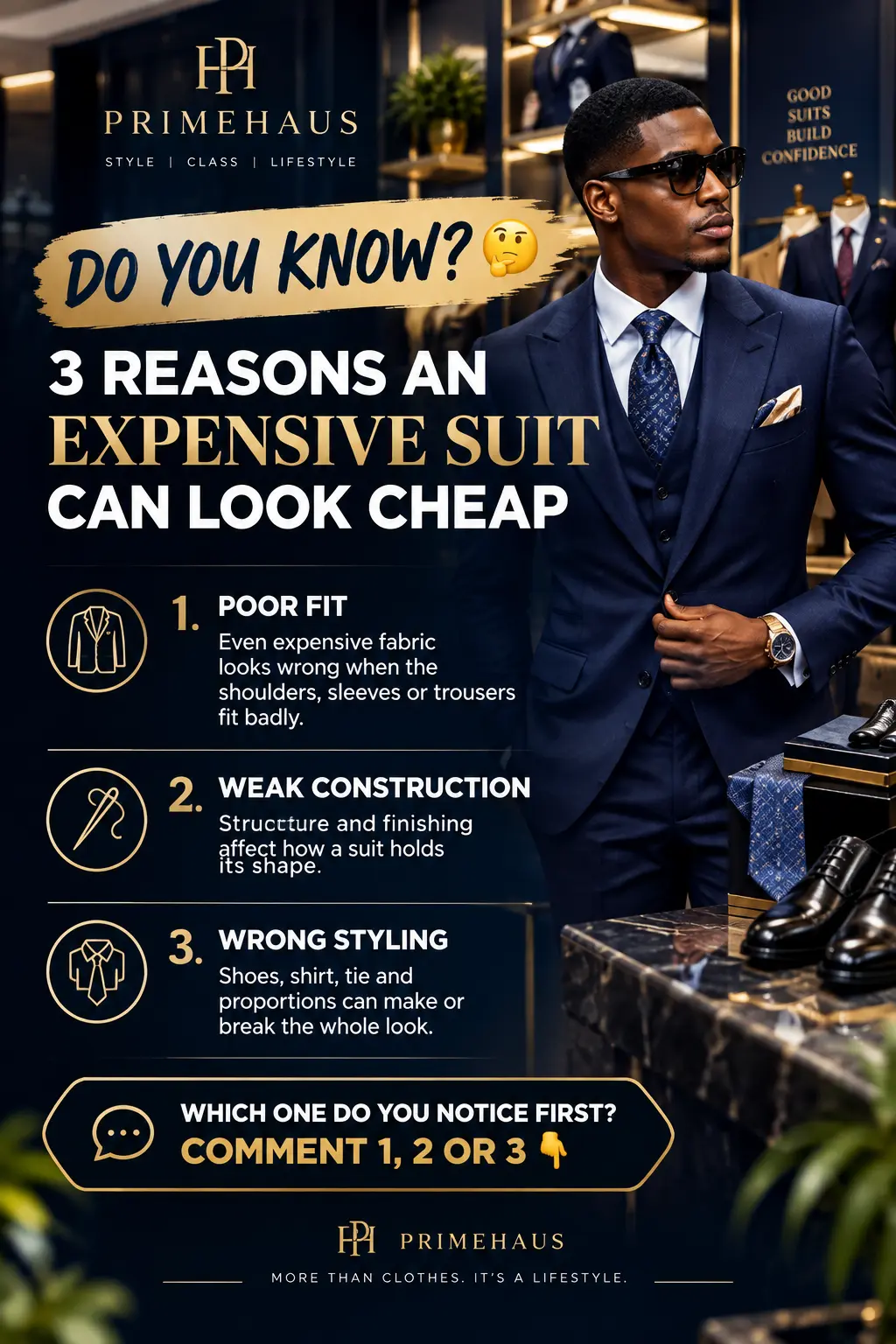 🤔 DO YOU KNOW?
An expensive suit can still look cheap.
1️⃣ Poor fit
2️⃣ Weak construction
3️⃣ Wrong...