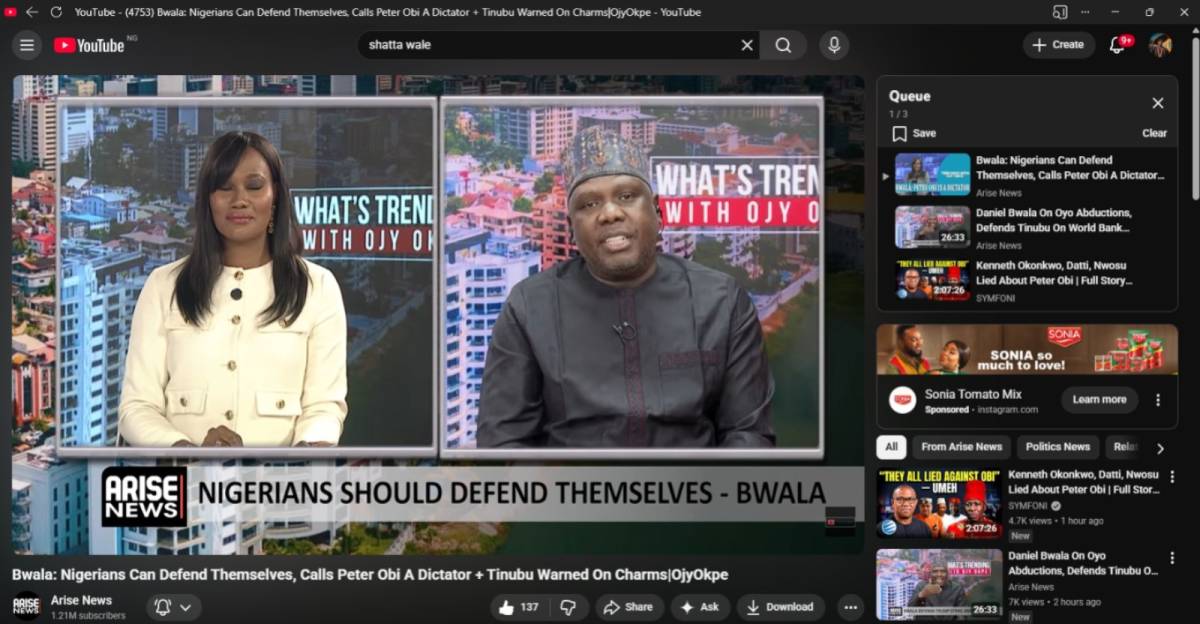 PLs go watch dis fool called Bwala: Nigerians Can Defend Themselves, on Arise tv OjyOkpe whats Trend...