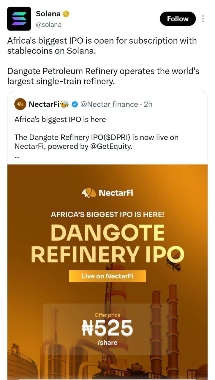 🚨 This is SUPER AMAZING! 

 Dangote IPO on Solana. 🔥

It’s exciting to see a major Nigerian busine...
