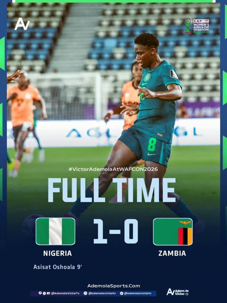 FULL TIME: Nigeria 1–0 Zambia
⚽️ Assisat Oshoala 🇳🇬 9’
Super Falcons hold on with 10 players to se...