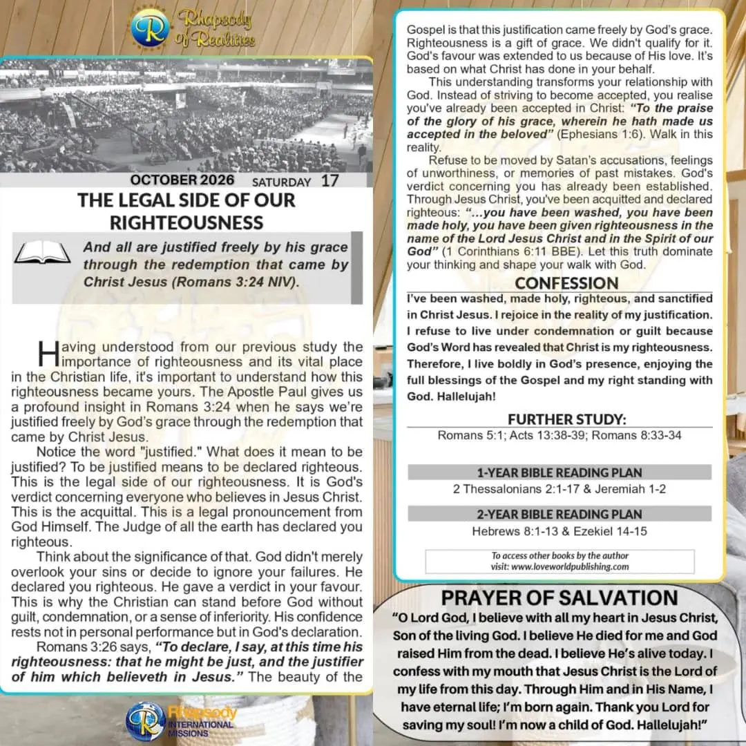 💫RHAPSODY OF REALITIES DAILY DEVOTIONAL💫
Saturday, October 17th
📜THE LEGAL SIDE OF OUR RIGHTEOU...