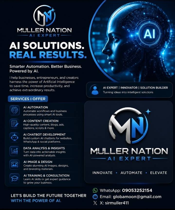 ๐ Need AI solutions that save time and grow your business?
I'm Muller Nation AI Expert, helping bus...